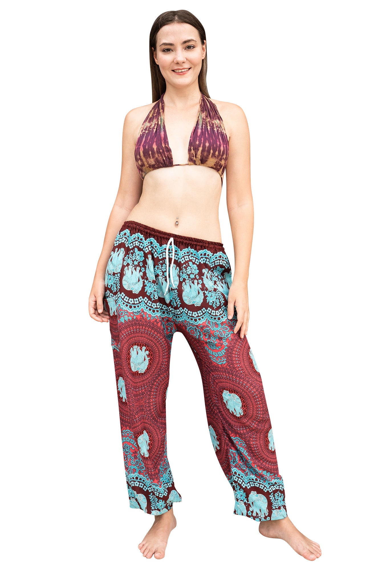 Elephant Mandala Rayon Pants in Burgundy